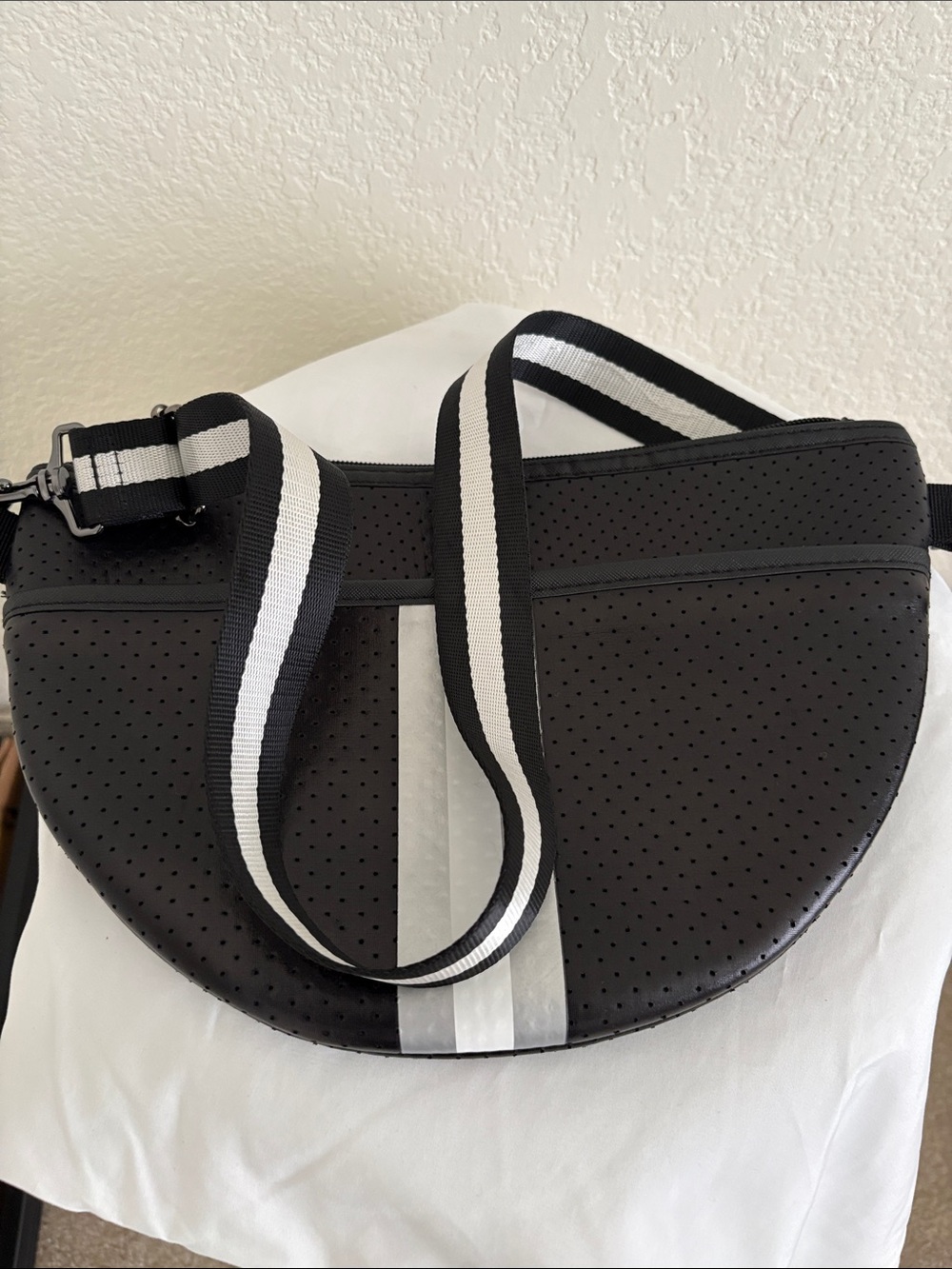 HAUTE SHORE Black Crossbody with White Stripe and Striped Strap